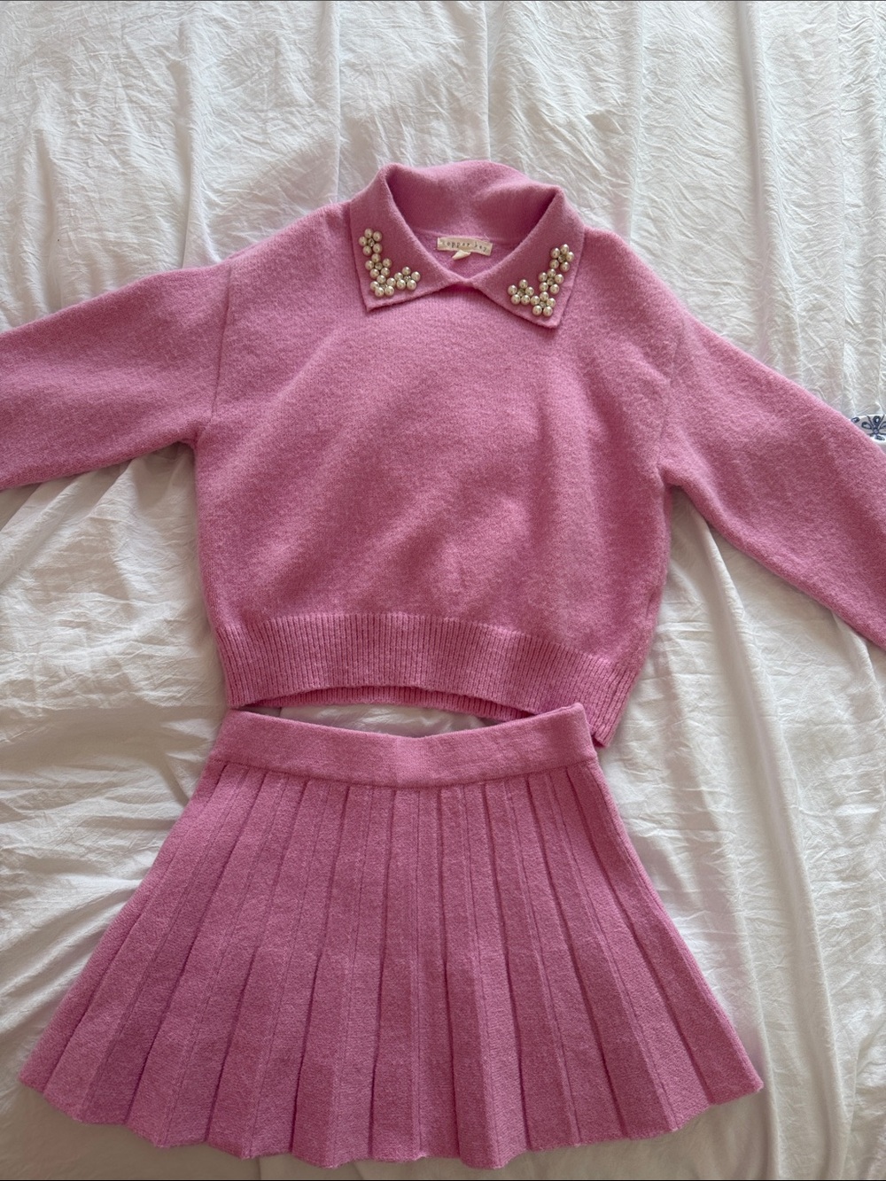 Copper Key Pink Pearl-Collar Knit Sweater & Pleated Skirt Set